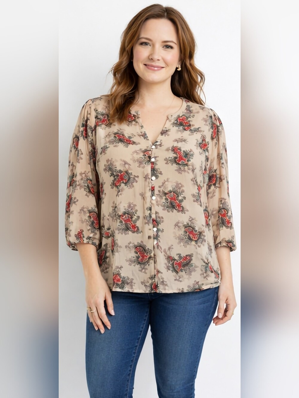 Monsoon Boho Blouse High Quality Viscose, Cream/Red, Pearl Buttons, Size 8
